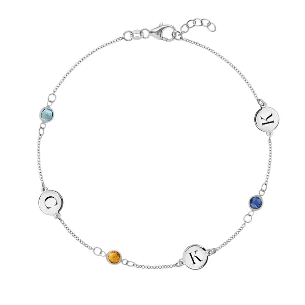 Personalized Classic 3 Letter & 3 Birthstone Bracelet in 14k Gold sold by Haverhill