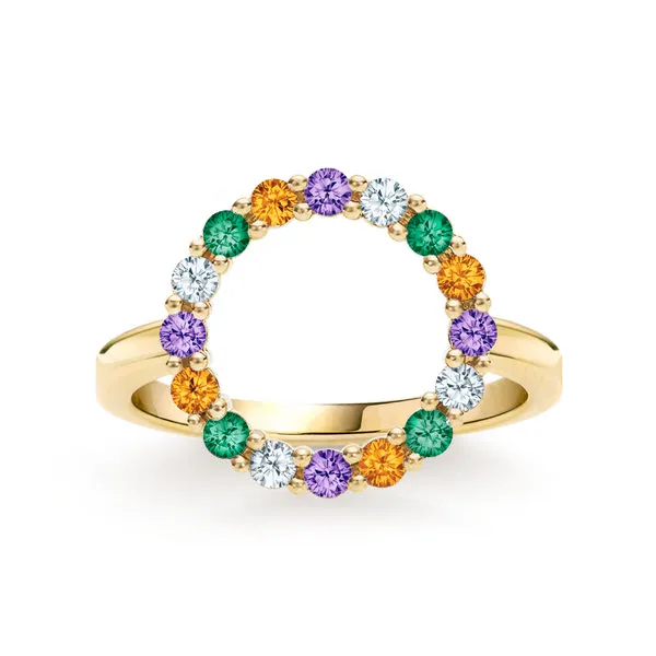 Personalized Rosecliff Circle Birthstone Ring in 14k Gold sold by Haverhill