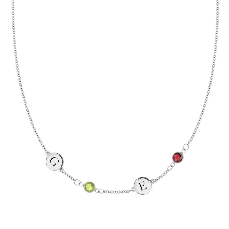 Personalized Classic 2 Letter & 2 Birthstone Necklace in 14k Gold (Single Spacing) sold by Haverhill