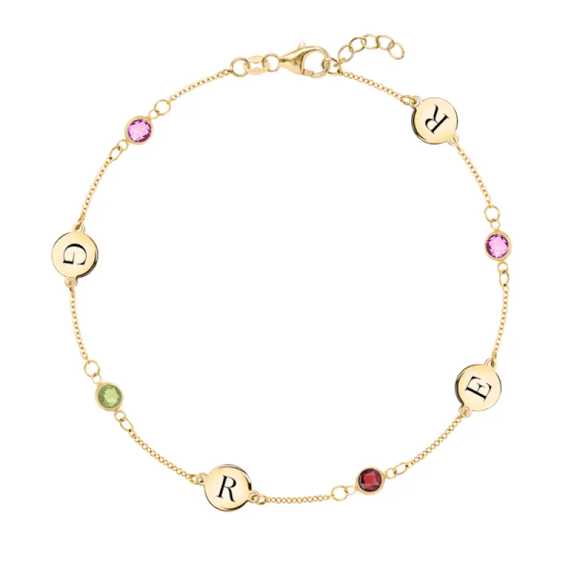 Personalized Classic 4 Letter & 4 Birthstone Bracelet in 14k Gold sold by Haverhill