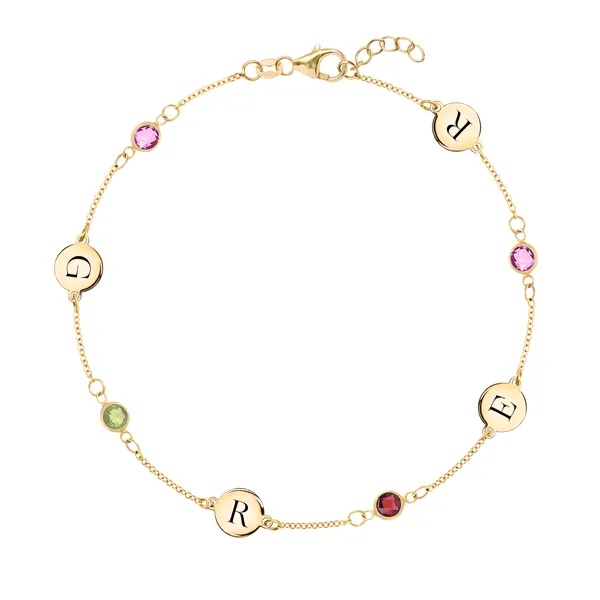 Personalized Classic 4 Letter & 4 Birthstone Bracelet in 14k Gold sold by Haverhill