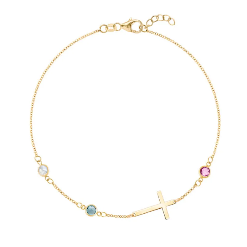 Personalized Classic Cross & 3 Birthstone Bracelet in 14k Gold sold by Haverhill
