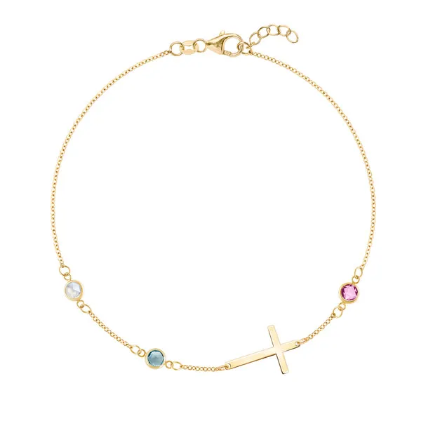 Personalized Classic Cross & 3 Birthstone Bracelet in 14k Gold sold by Haverhill