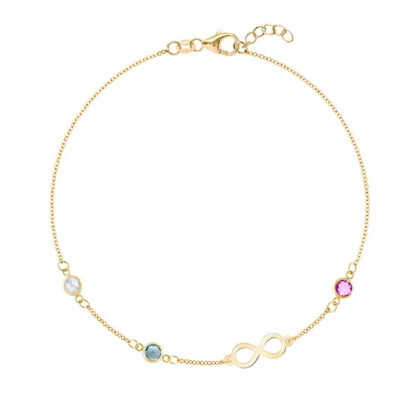 Personalized Classic Infinity & 3 Birthstone Bracelet in 14k Gold sold by Haverhill