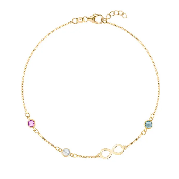 Personalized Classic Infinity & 3 Birthstone Bracelet in 14k Gold sold by Haverhill