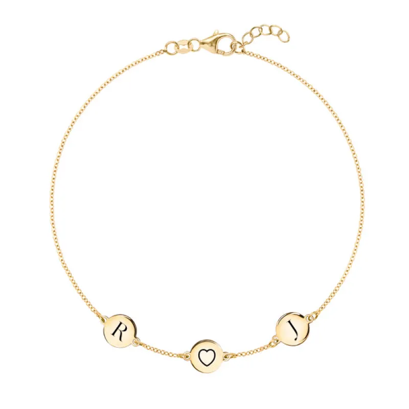 Personalized Heart Disc & 2 Letter Bracelet in 14k Gold sold by Haverhill