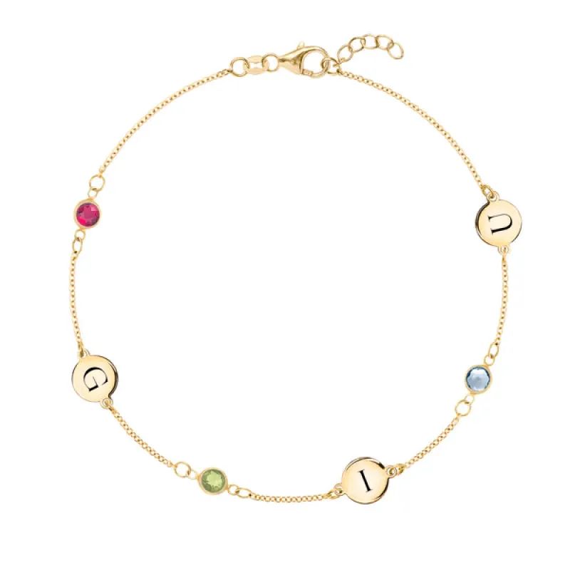 Personalized Classic 3 Letter & 3 Birthstone Bracelet in 14k Gold sold by Haverhill