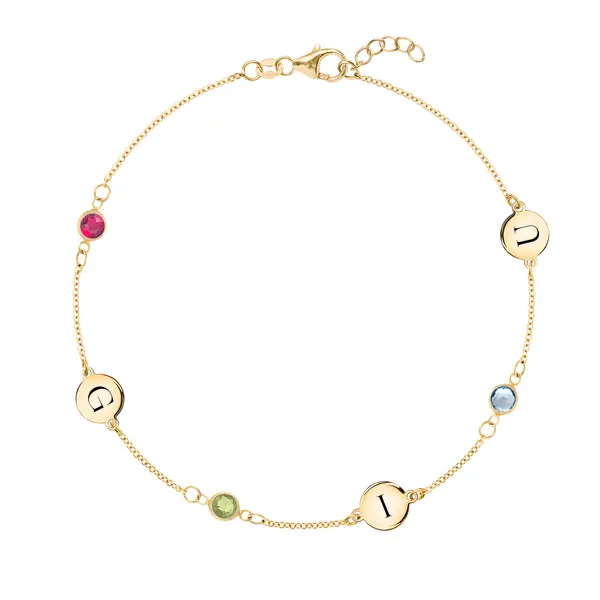 Personalized Classic 3 Letter & 3 Birthstone Bracelet in 14k Gold sold by Haverhill
