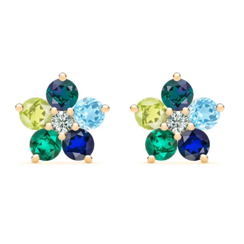 Personalized Greenwich Flower Birthstone & Diamond Earrings in 14k Gold sold by Haverhill