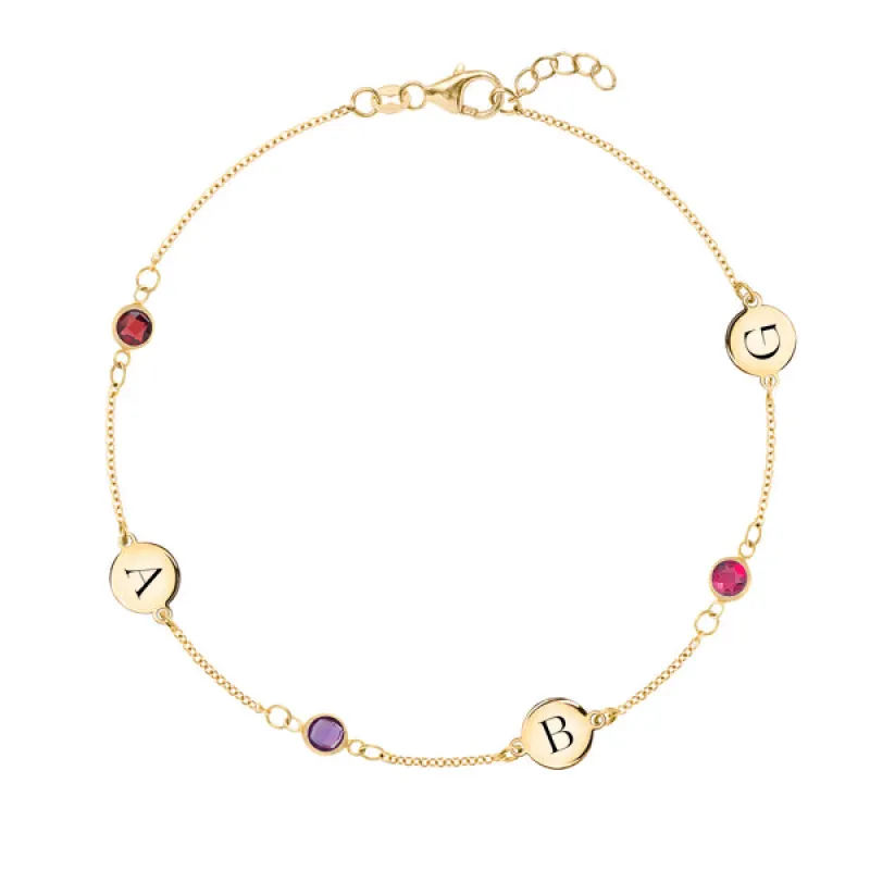 Personalized Classic 3 Letter & 3 Birthstone Bracelet in 14k Gold sold by Haverhill