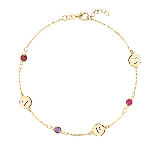 Personalized Classic 3 Letter & 3 Birthstone Bracelet in 14k Gold sold by Haverhill