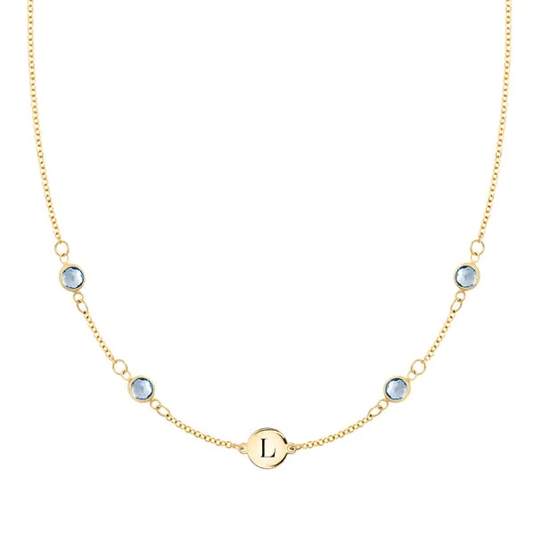 Personalized Classic 1 Letter & 4 Nantucket Blue Topaz Necklace in 14k Gold (December) sold by Haverhill