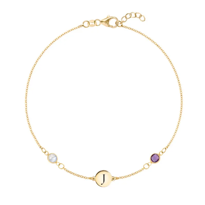Personalized Classic 1 Letter & 2 Birthstone Bracelet in 14k Gold sold by Haverhill