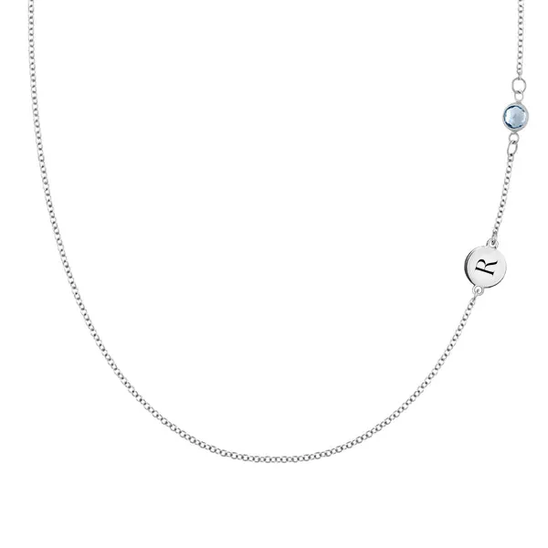 Personalized Classic 1 Letter & 1 Aquamarine Necklace in 14k Gold (March) sold by Haverhill