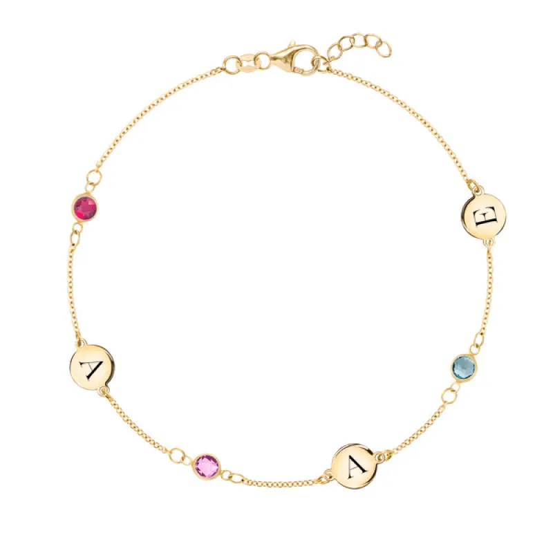 Personalized Classic 3 Letter & 3 Birthstone Bracelet in 14k Gold sold by Haverhill