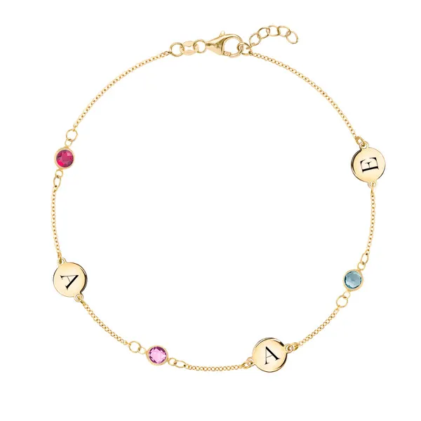 Personalized Classic 3 Letter & 3 Birthstone Bracelet in 14k Gold sold by Haverhill
