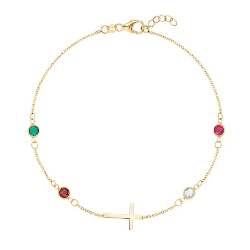 Personalized Classic Cross & 4 Birthstone Bracelet in 14k Gold sold by Haverhill