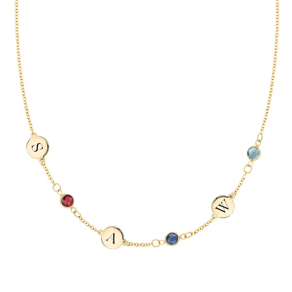 Personalized Classic 3 Letter & 3 Birthstone Necklace in 14k Gold (Single Spacing) sold by Haverhill
