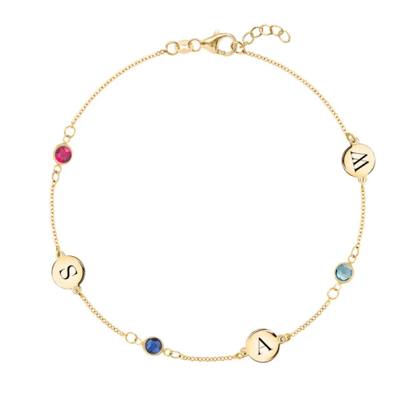 Personalized Classic 3 Letter & 3 Birthstone Bracelet in 14k Gold sold by Haverhill