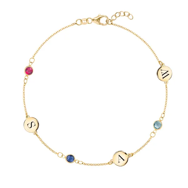 Personalized Classic 3 Letter & 3 Birthstone Bracelet in 14k Gold sold by Haverhill