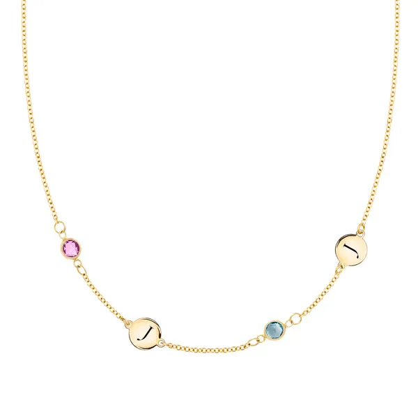 Personalized Classic 2 Letter & 2 Birthstone Necklace in 14k Gold (Double Spacing) sold by Haverhill