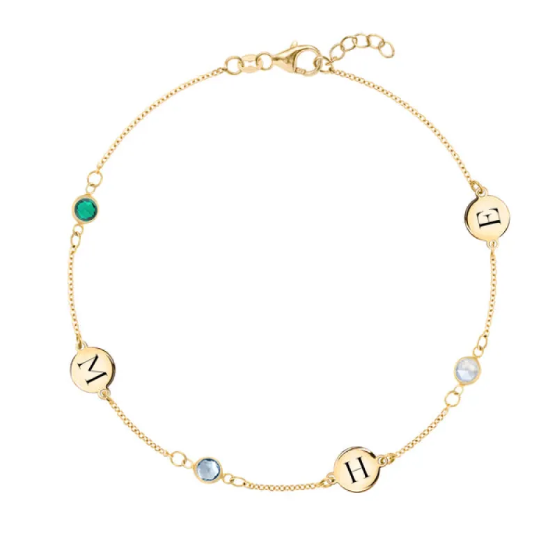 Personalized Classic 3 Letter & 3 Birthstone Bracelet in 14k Gold sold by Haverhill