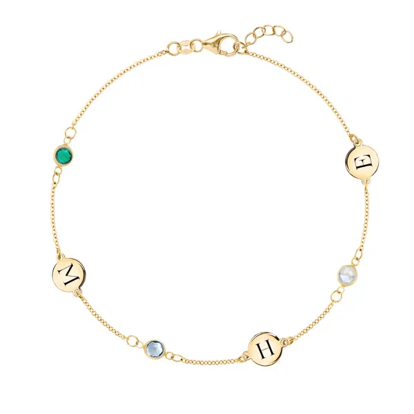 Personalized Classic 3 Letter & 3 Birthstone Bracelet in 14k Gold sold by Haverhill
