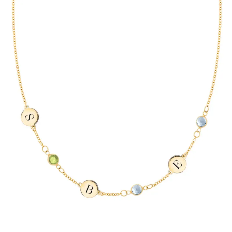 Personalized Classic 3 Letter & 3 Birthstone Necklace in 14k Gold (Single Spacing) sold by Haverhill