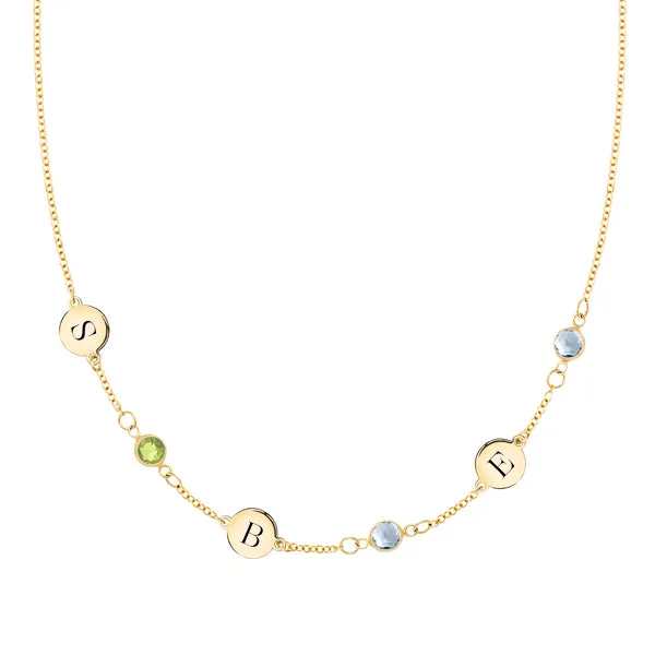 Personalized Classic 3 Letter & 3 Birthstone Necklace in 14k Gold (Single Spacing) sold by Haverhill