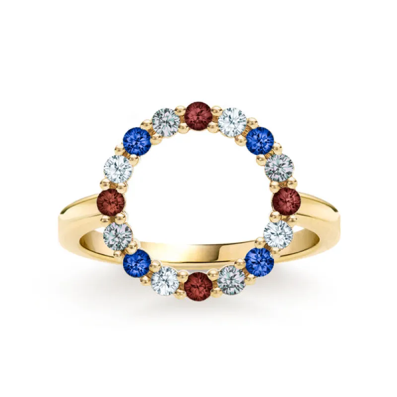 Personalized Rosecliff Circle Birthstone Ring in 14k Gold sold by Haverhill