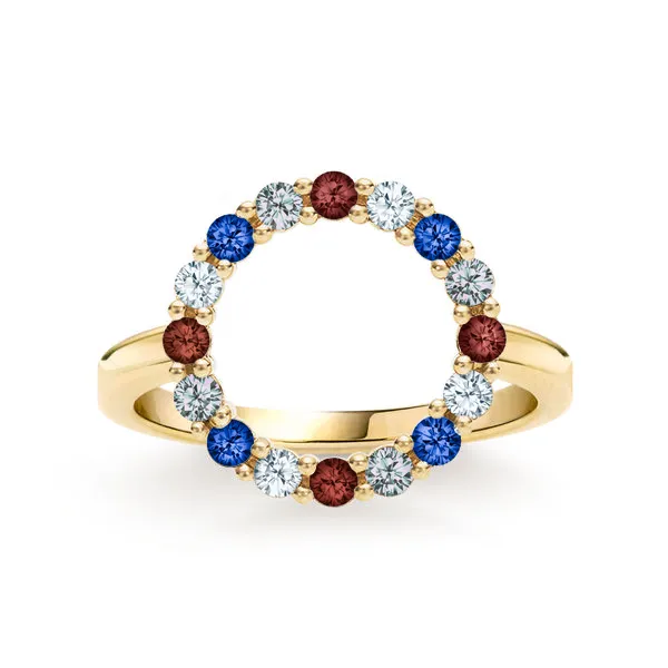 Personalized Rosecliff Circle Birthstone Ring in 14k Gold sold by Haverhill