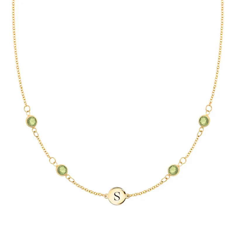 Personalized Classic 1 Letter & 4 Peridot Necklace in 14k Gold (August) sold by Haverhill