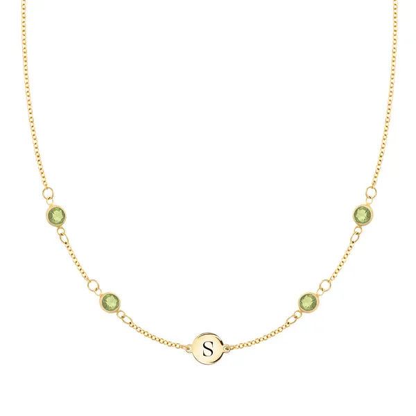 Personalized Classic 1 Letter & 4 Peridot Necklace in 14k Gold (August) sold by Haverhill