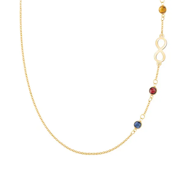 Personalized Classic Infinity & 3 Birthstone Necklace in 14k Gold sold by Haverhill