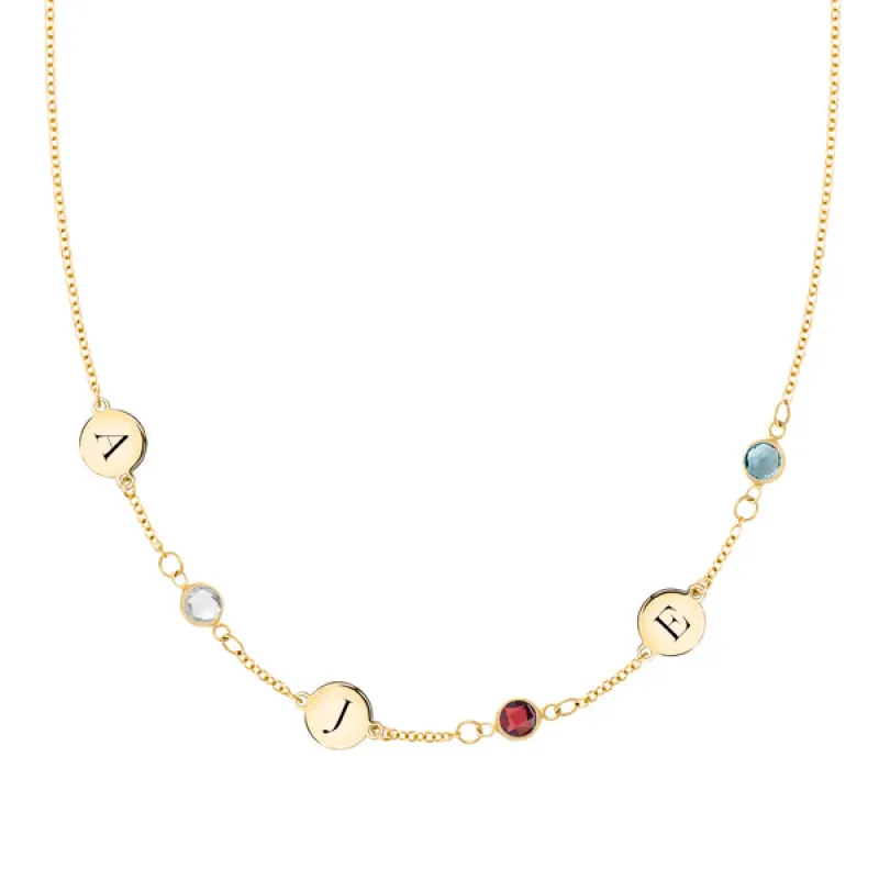 Personalized Classic 3 Letter & 3 Birthstone Necklace in 14k Gold (Single Spacing) sold by Haverhill