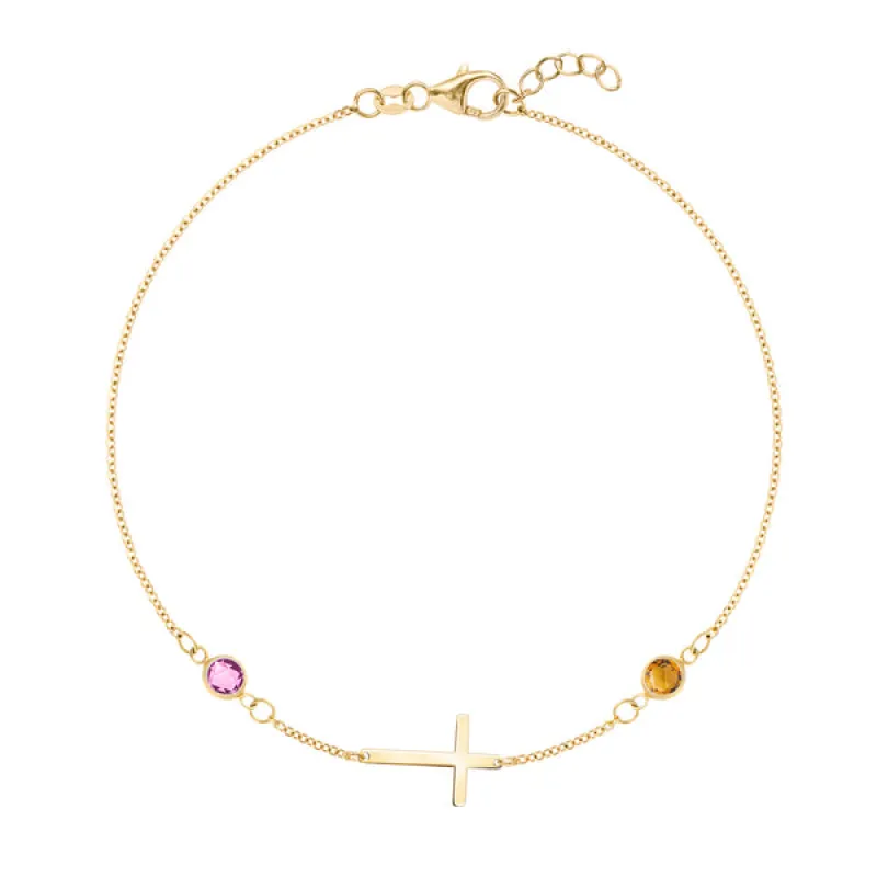 Personalized Classic Cross & 2 Birthstone Bracelet in 14k Gold sold by Haverhill
