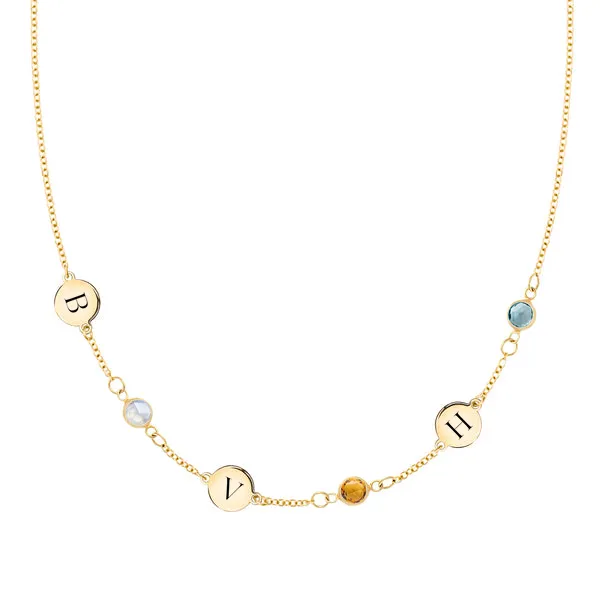 Personalized Classic 3 Letter & 3 Birthstone Necklace in 14k Gold (Single Spacing) sold by Haverhill