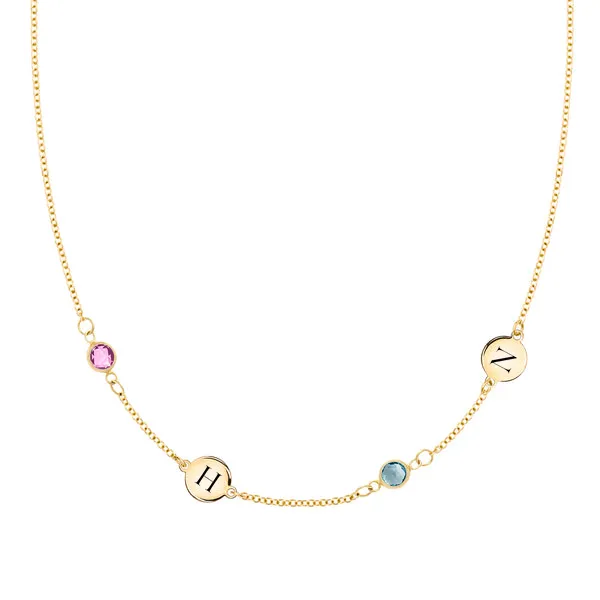 Personalized Classic 2 Letter & 2 Birthstone Necklace in 14k Gold (Double Spacing) sold by Haverhill