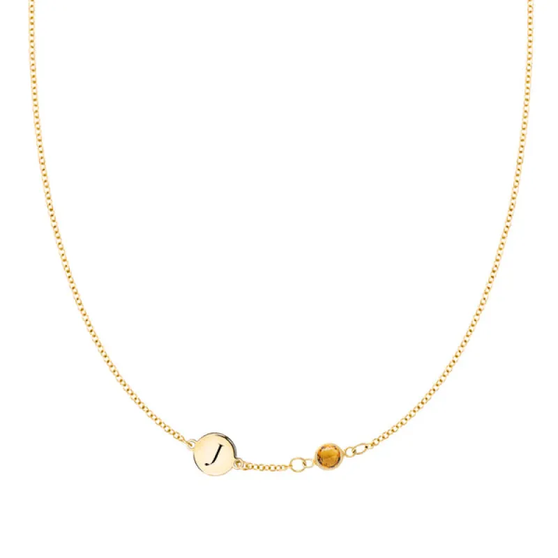 Personalized Classic 1 Letter & 1 Birthstone Necklace in 14k Gold (Single Spacing) sold by Haverhill