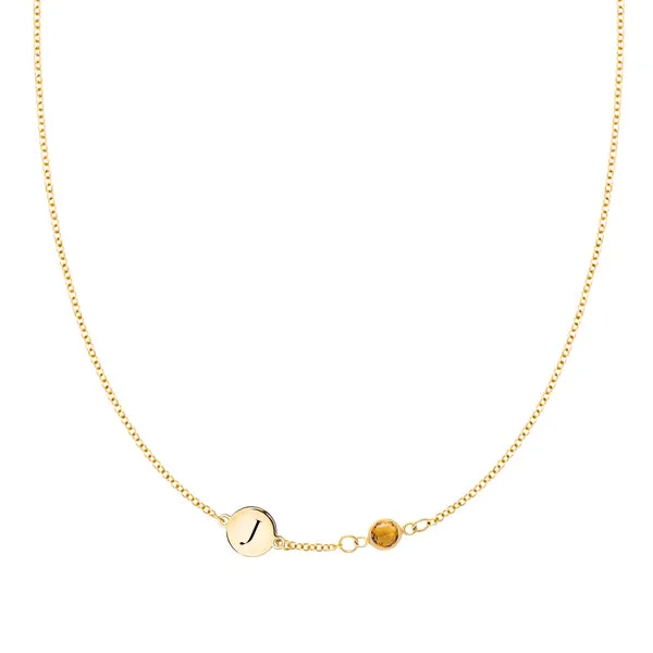 Personalized Classic 1 Letter & 1 Birthstone Necklace in 14k Gold (Single Spacing) sold by Haverhill