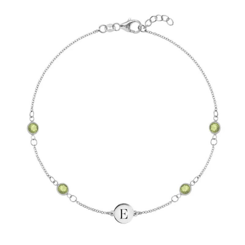 Personalized Classic 1 Letter & 4 Peridot Bracelet in 14k Gold (August) sold by Haverhill