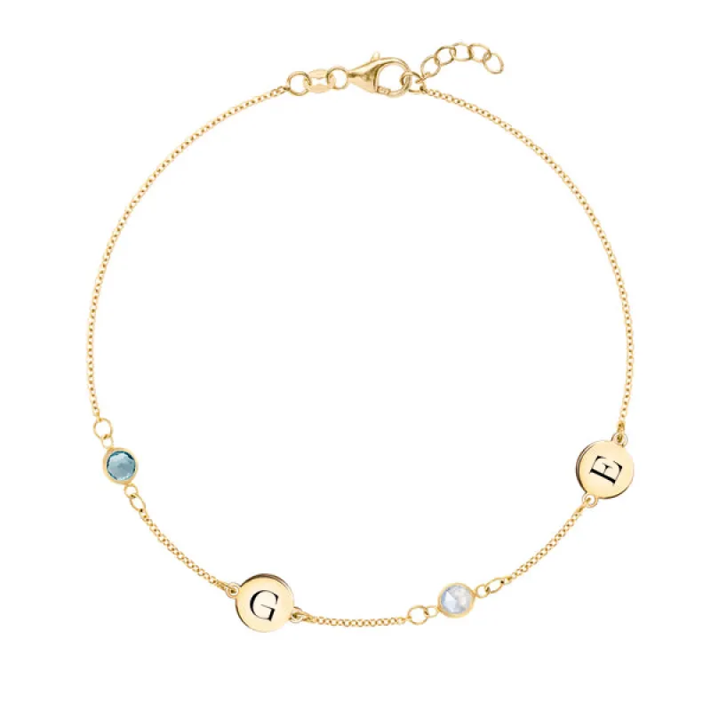 Personalized Classic 2 Letter & 2 Birthstone Bracelet in 14k Gold sold by Haverhill