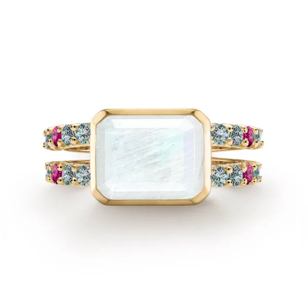 Personalized Warren Horizontal Birthstone Ring with Accent Stones in 14k Gold sold by Haverhill