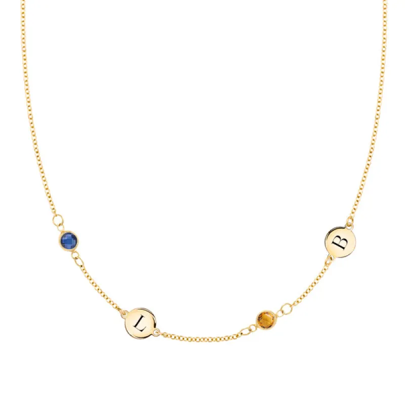 Personalized Classic 2 Letter & 2 Birthstone Necklace in 14k Gold (Double Spacing) sold by Haverhill