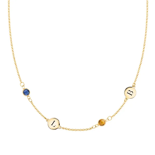Personalized Classic 2 Letter & 2 Birthstone Necklace in 14k Gold (Double Spacing) sold by Haverhill
