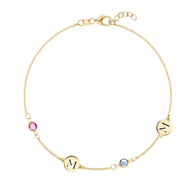 Personalized Classic 2 Letter & 2 Birthstone Bracelet in 14k Gold sold by Haverhill