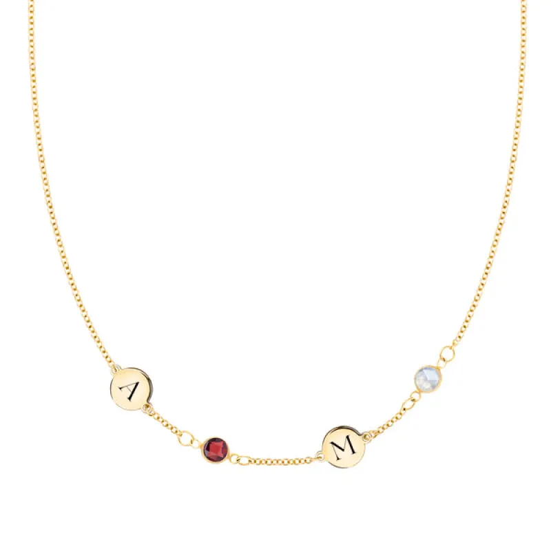 Personalized Classic 2 Letter & 2 Birthstone Necklace in 14k Gold (Single Spacing) sold by Haverhill