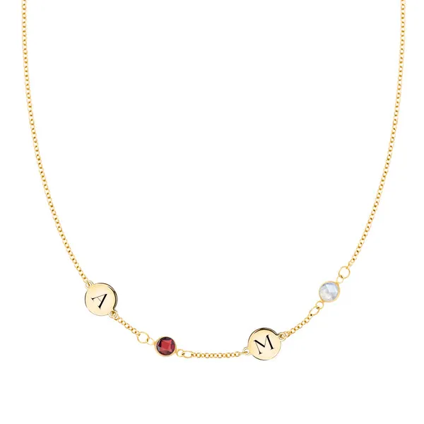 Personalized Classic 2 Letter & 2 Birthstone Necklace in 14k Gold (Single Spacing) sold by Haverhill