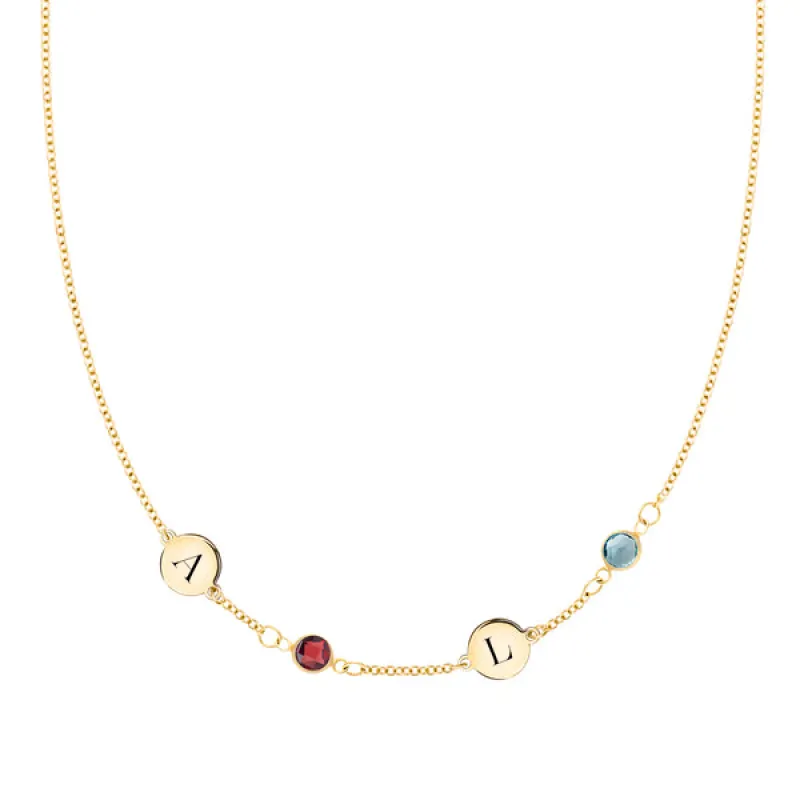 Personalized Classic 2 Letter & 2 Birthstone Necklace in 14k Gold (Single Spacing) sold by Haverhill