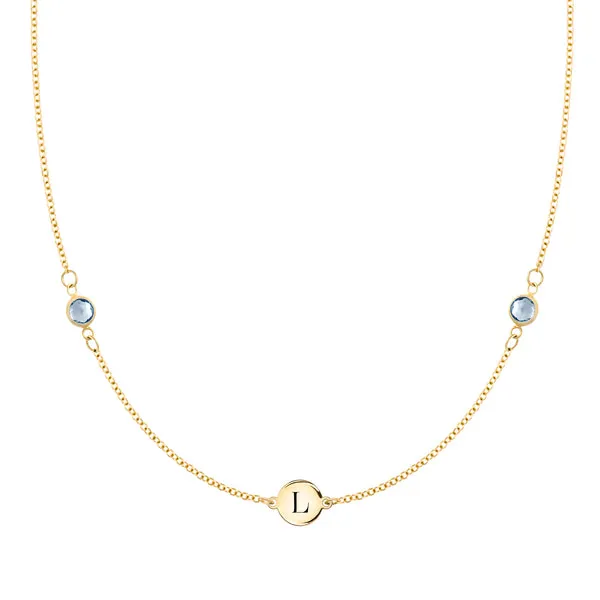 Personalized Classic 1 Letter & 2 Birthstone Necklace in 14k Gold sold by Haverhill